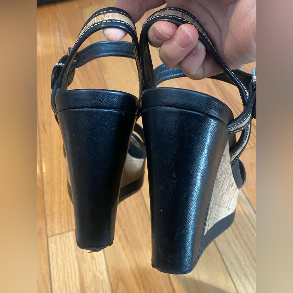 Prada Black and Natural Cork Wedge Sandals - Picture 5 of 16